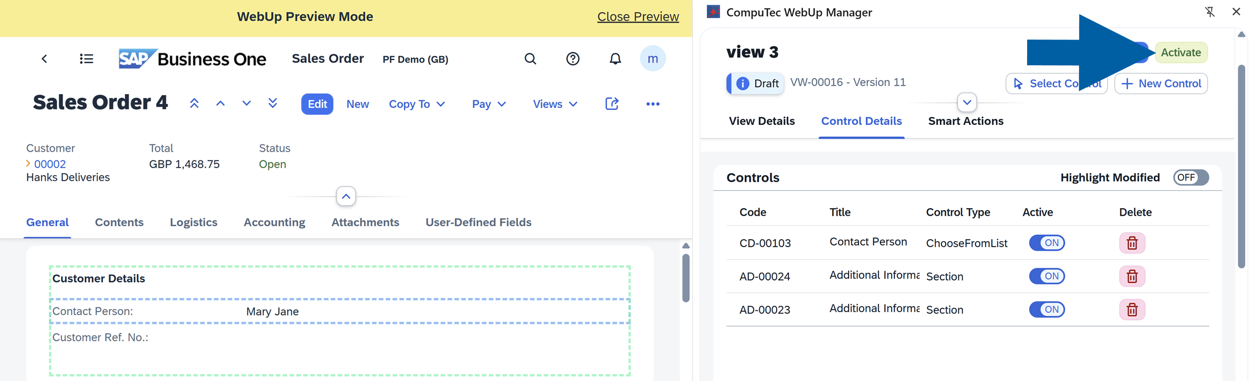 a screen showing navigation to smart actions tab in computec webup manager