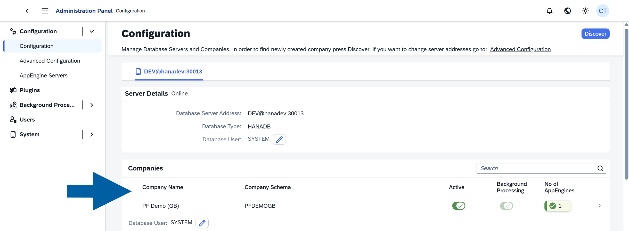 CompuTec AppEngine Administration Panel Configuration page showing a list of companies with PF Demo company highlighted
