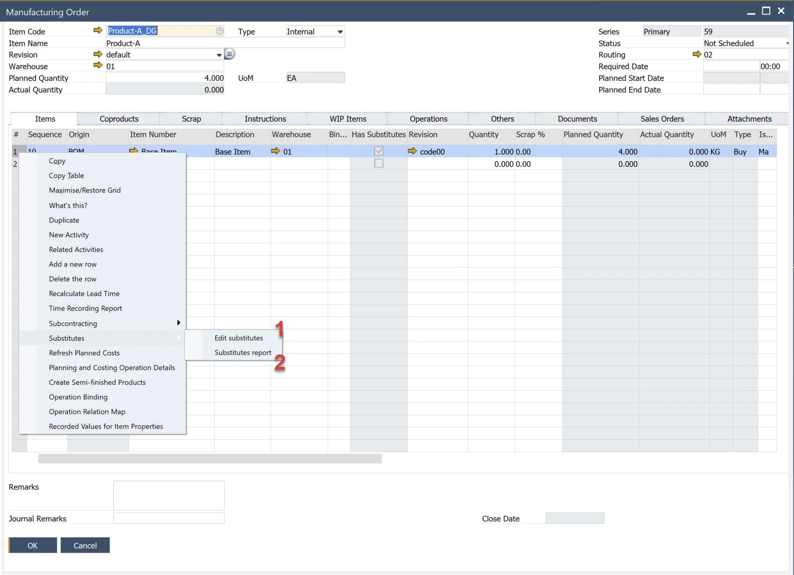 Manufacturing Order options