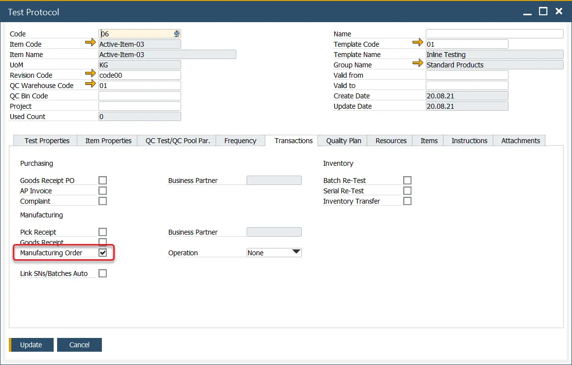 Test Protocol Manufacturing Order