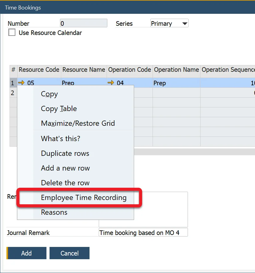 Time Booking context menu