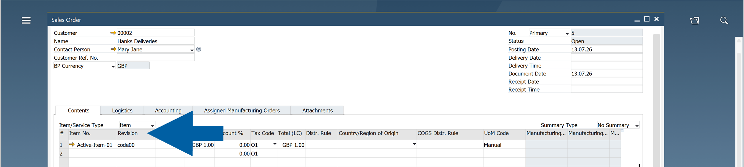 Sales Order form showing installed CompuTec ProcessForce Revision User-Defined Field that must remain visible and active