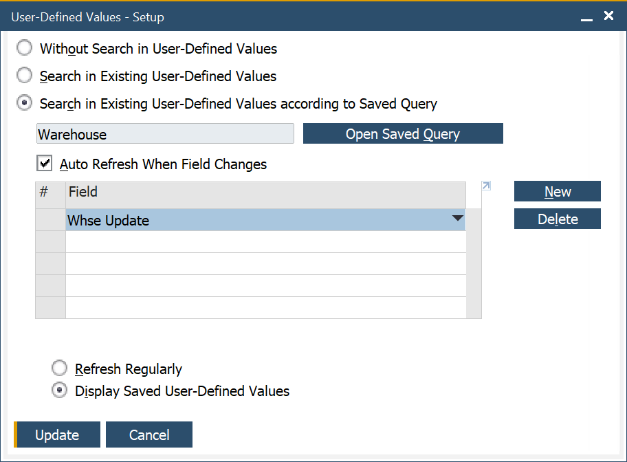 User Defined Values Setup