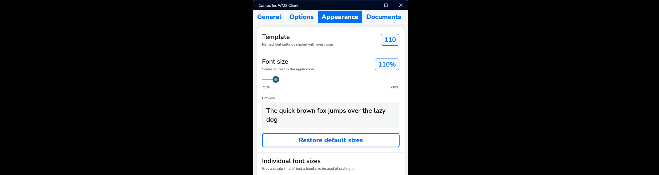 Appearance tab showing the selected template and font settings