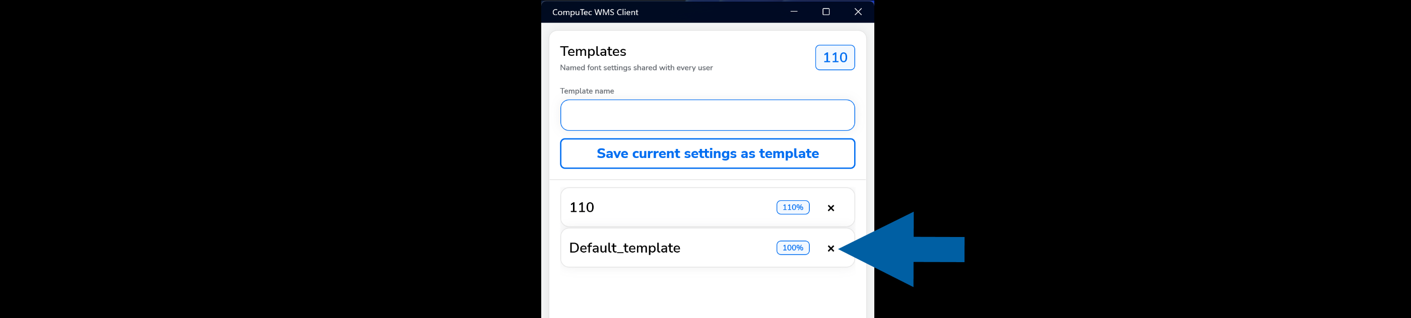 Delete icon next to a saved font template