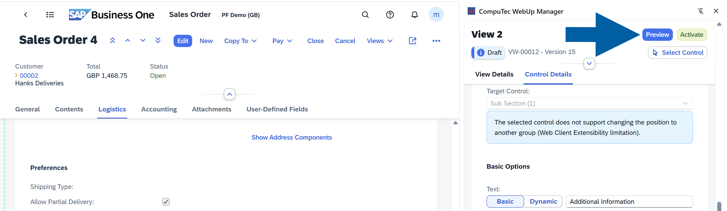 The CompuTec WebUp Manager side panel is open. The current view is displayed at the top with status Draft. The Preview button appears in the upper-right corner of the panel, next to the Activate button. The user has to click the Preview button.