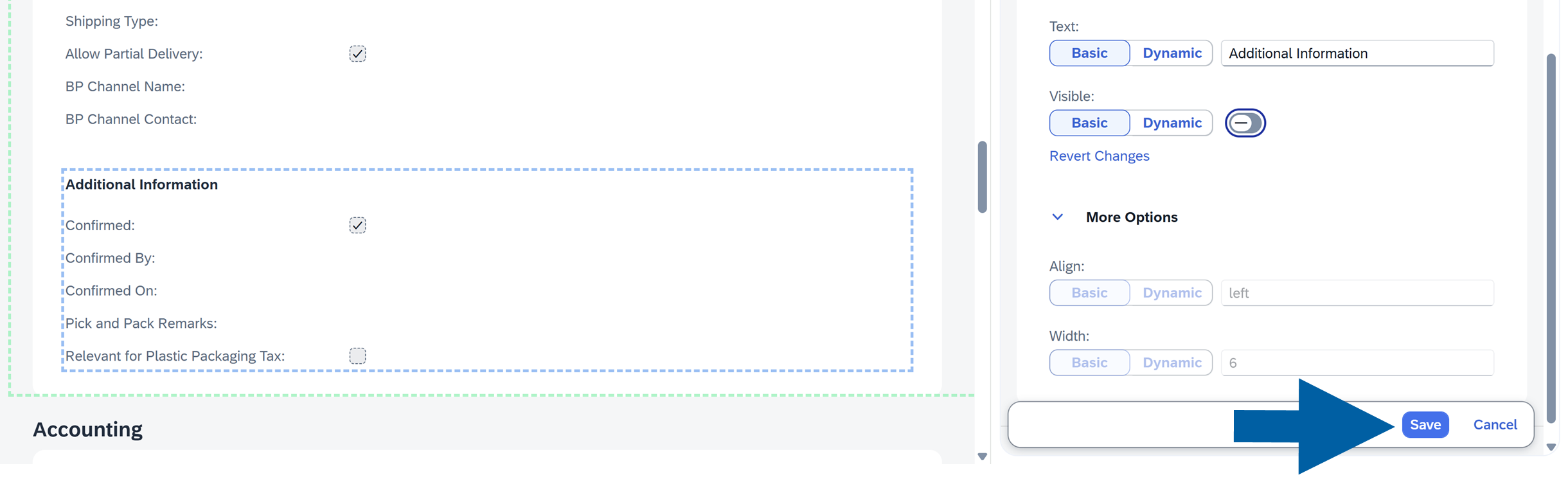 The Control Details tab is active in the CompuTec WebUp Manager side panel. The Save and Cancel buttons are located at the bottom-right of the panel. The user has to click the Save button used to apply the configuration changes.