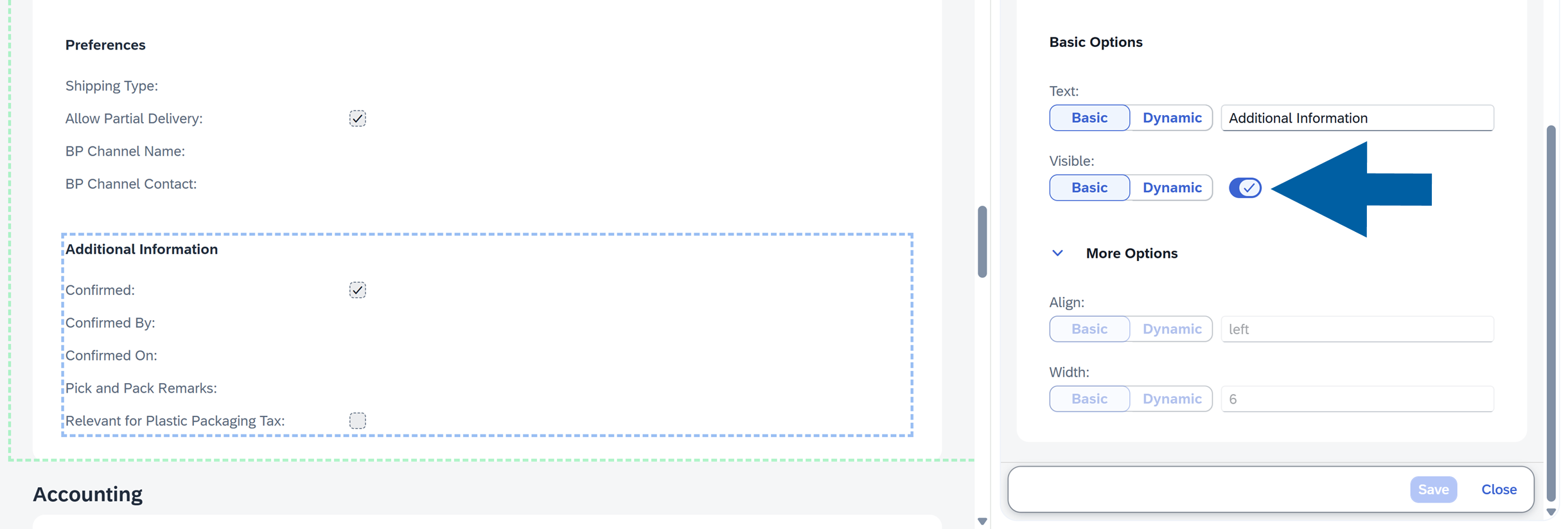 In the Control Details tab under Basic Options, the Visible setting is displayed with Basic and Dynamic options. The toggle switch next to Visible is set to enabled (checked). The user has to turn it off to hide the control.