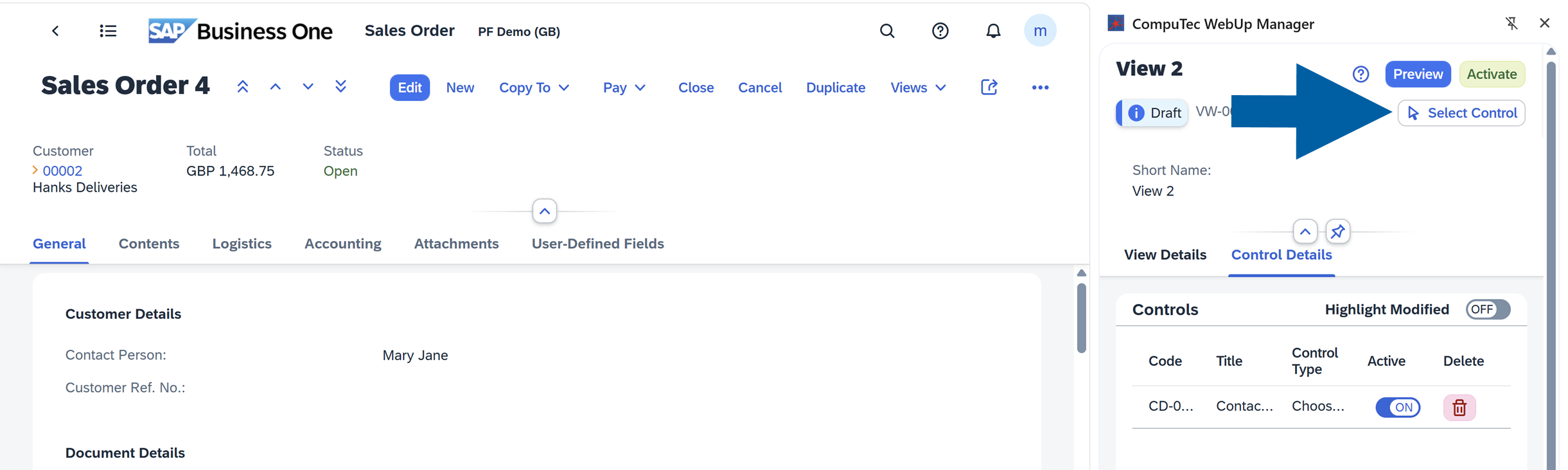 The Control Details tab is active in the CompuTec WebUp Manager side panel. The Select Control button appears in the upper-right area of the panel, next to the view information and status indicator.