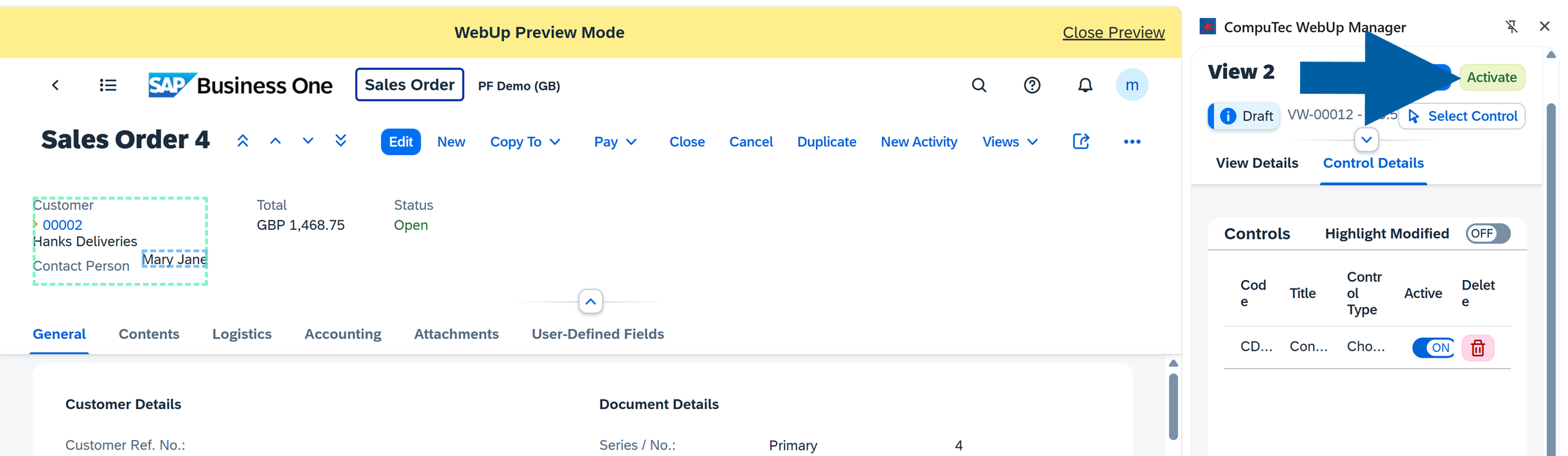 The CompuTec WebUp Manager side panel is open. The current view is displayed at the top with status Draft. The Activate button appears in the upper-right corner of the panel, next to the Preview button. The user has to click the Activate button.