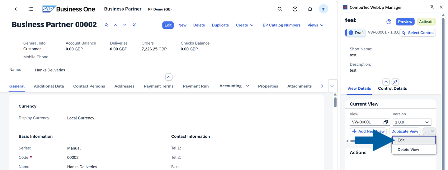 screen showing how to edit a view version