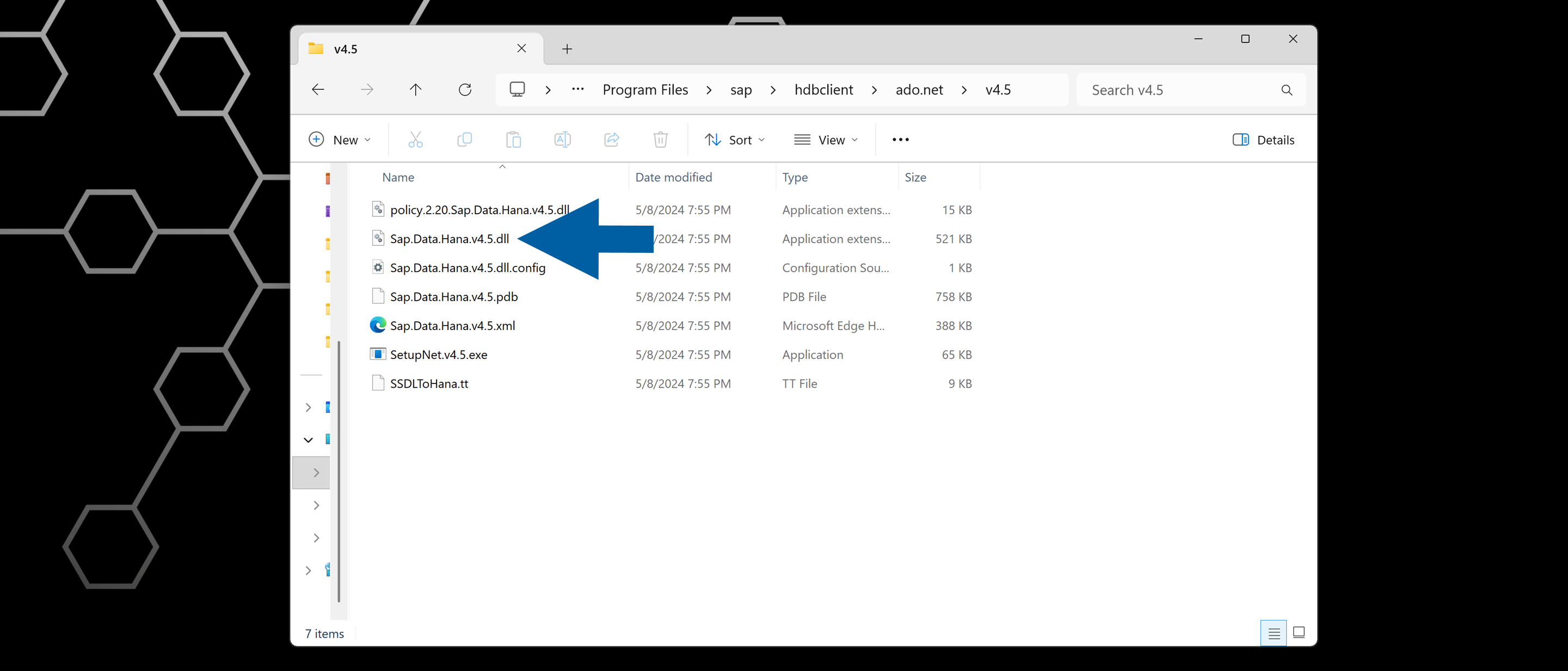 a screen showing how to find the Sap.Data.Hana.v4.5.dll file