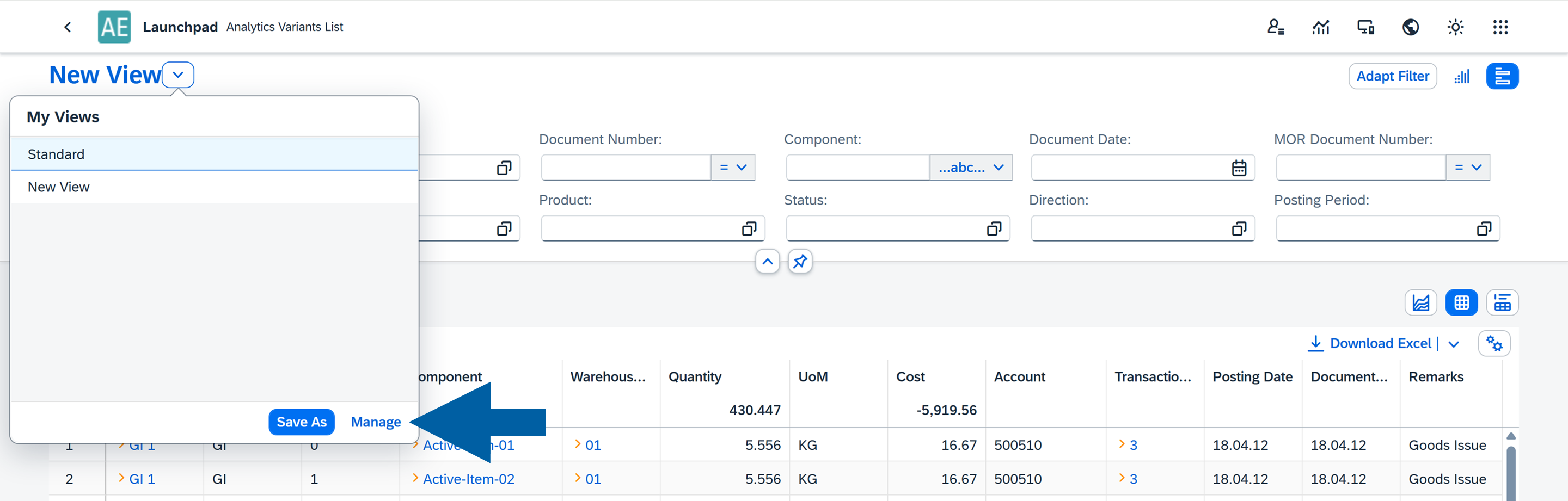screen showing where to click manage