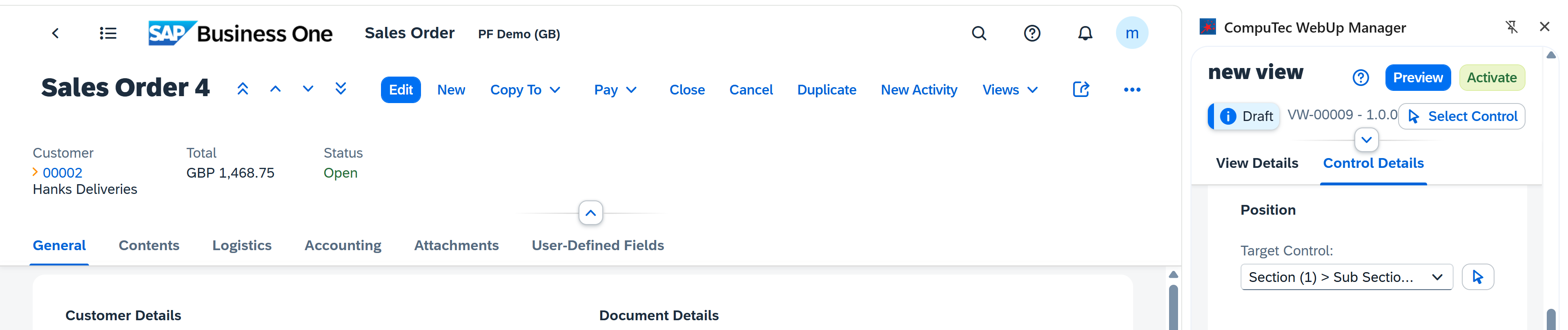 screen showing how to change control's position