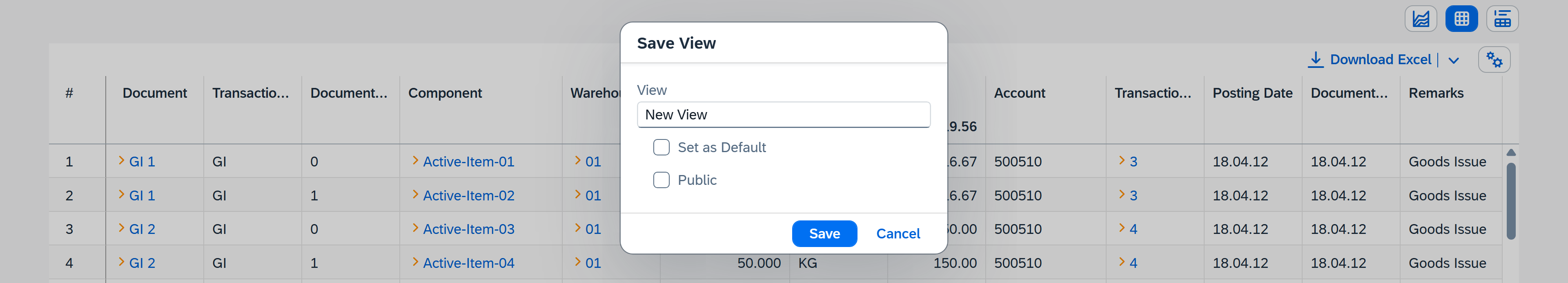 screen showing view options