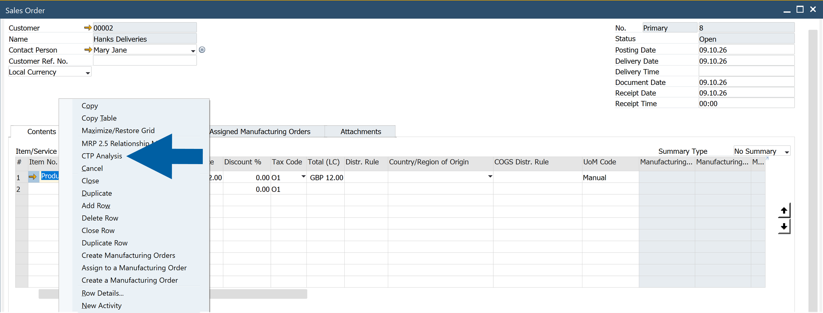CTP Analysis in the sales order line context menu