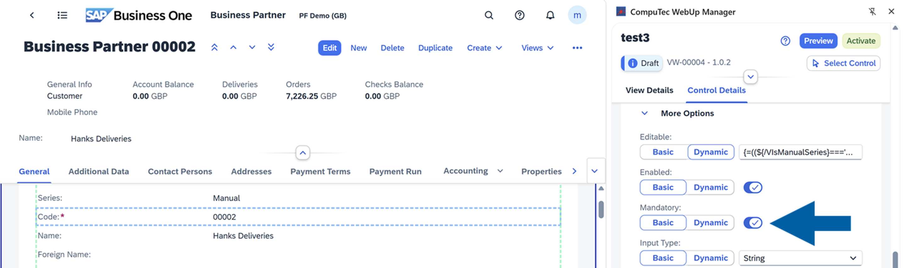 screen showing how to make a field mandatory