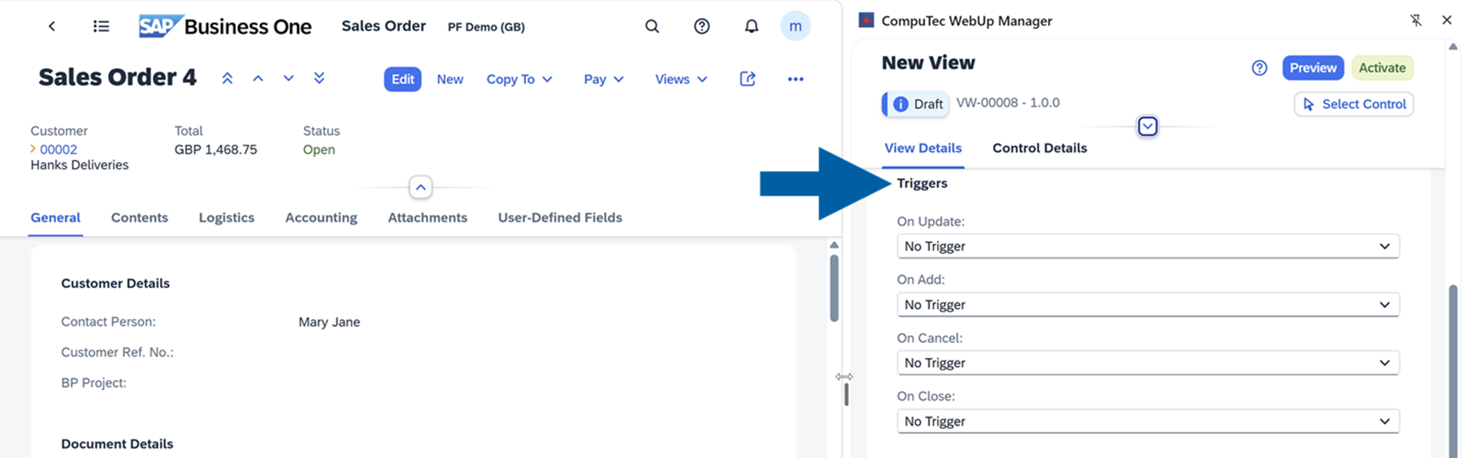 screen showing triggers section of view actions