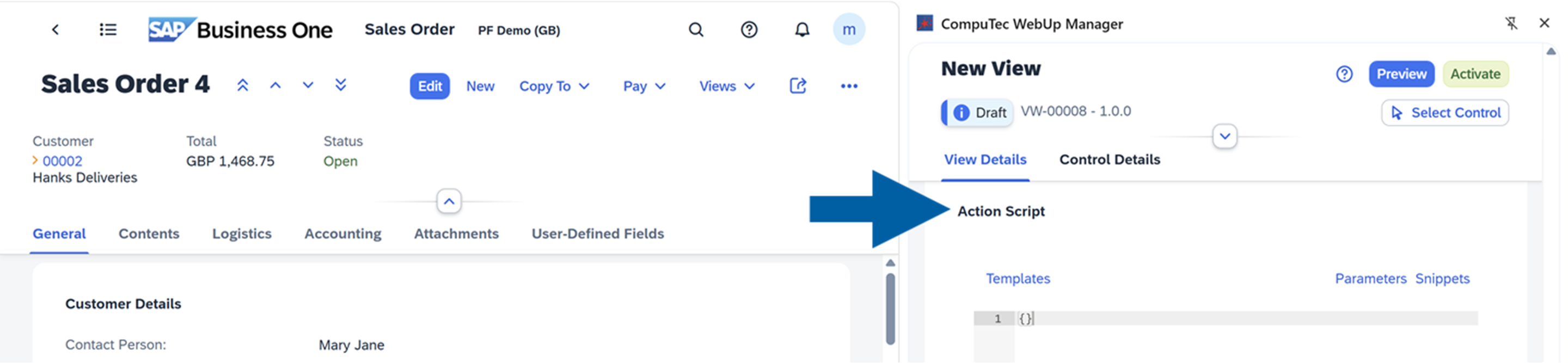 screen showing action script section of view actions