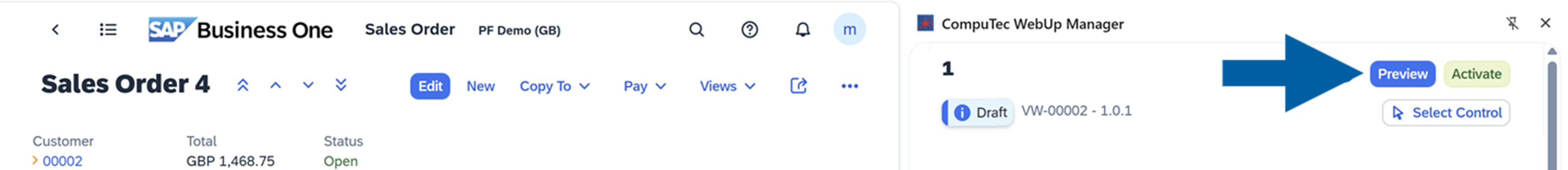 screen showing preview the view action