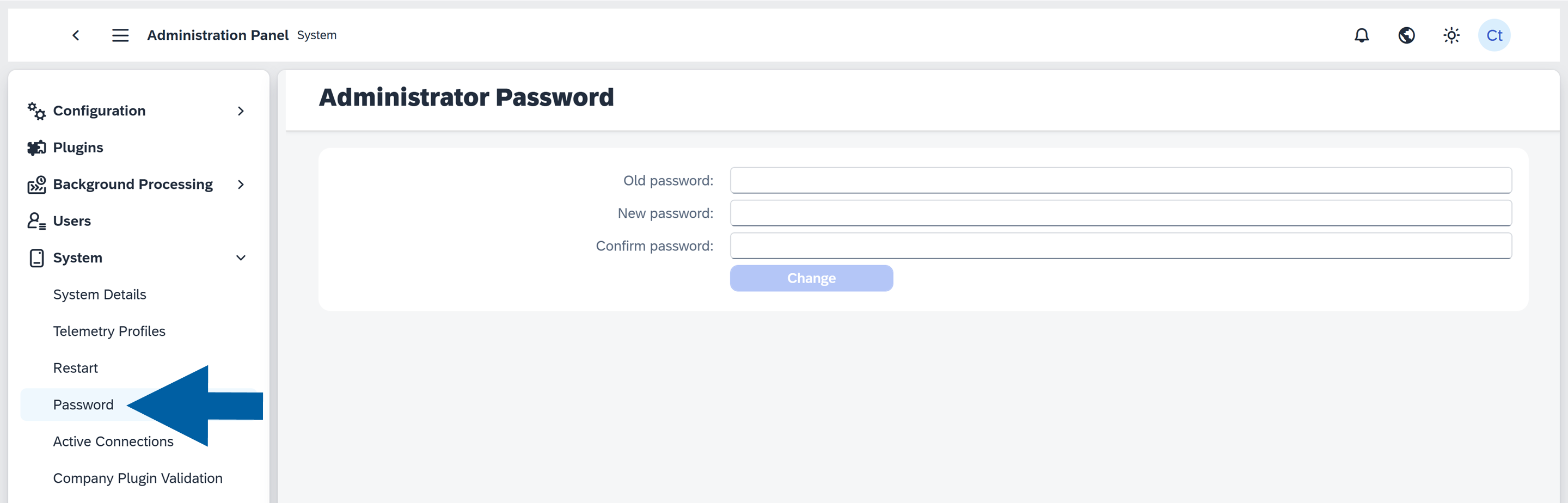 screen showing how to change password