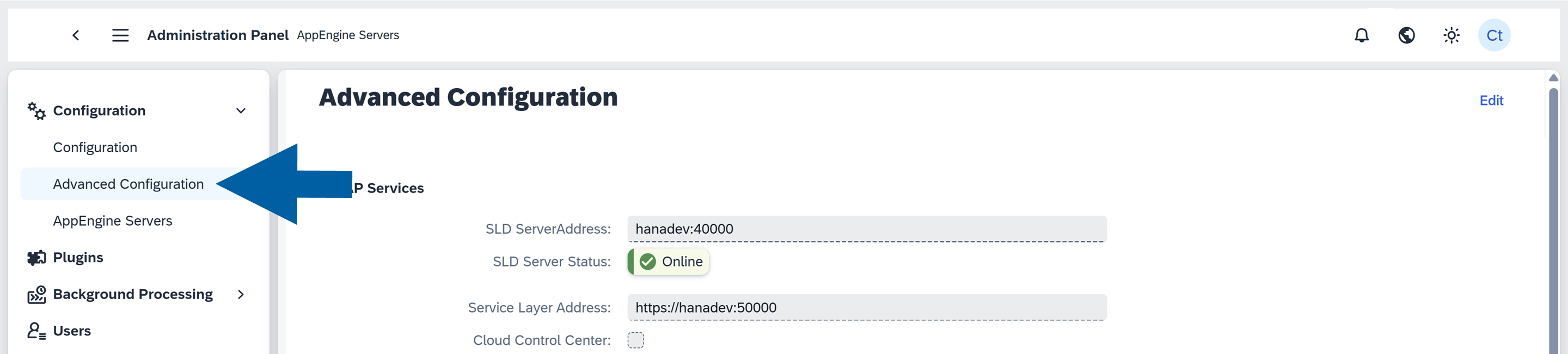 screen showing where to find advanced configuration when setting up CORS process