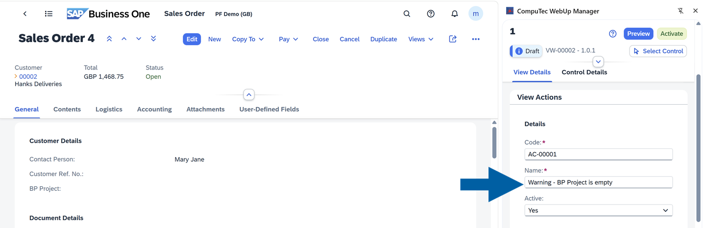 screen showing where to enter the action name