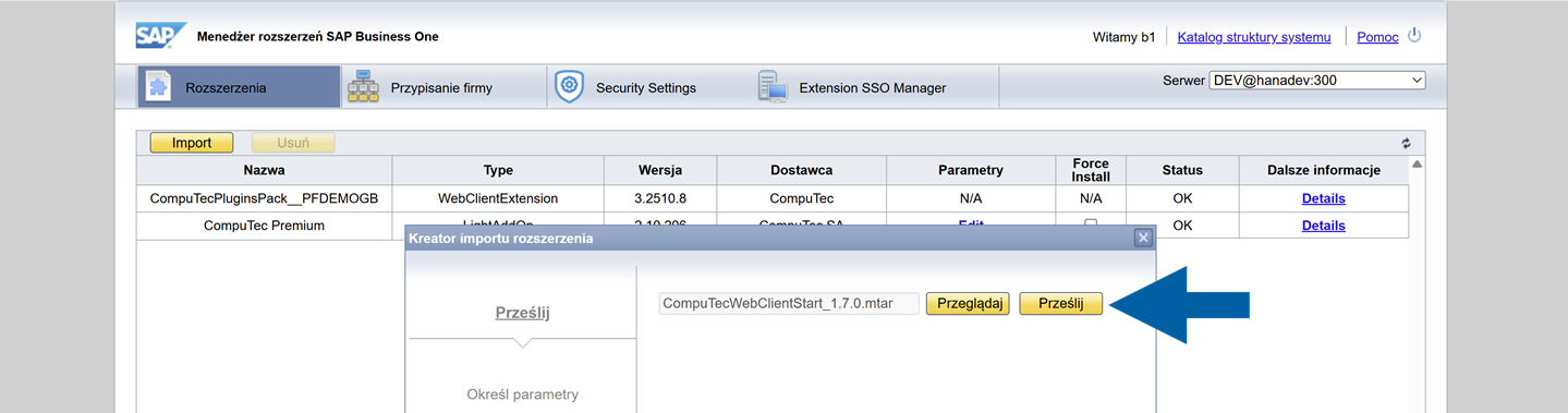 A help screen showing how to choose the file and send it to the extension manager
