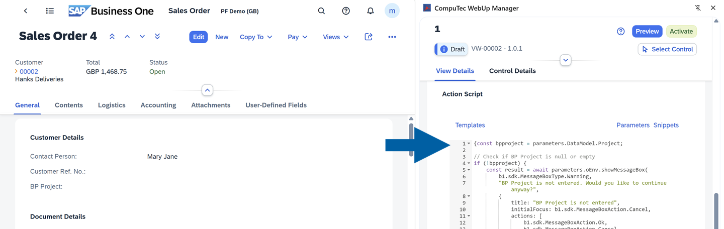 screen showing the action script field