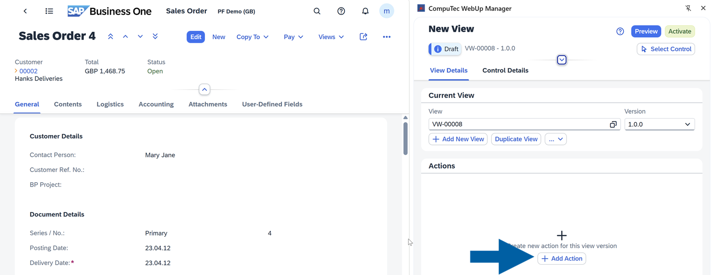 screen showing how to add an action