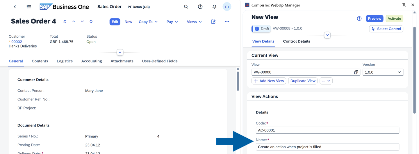screen showing how to choose action triggers