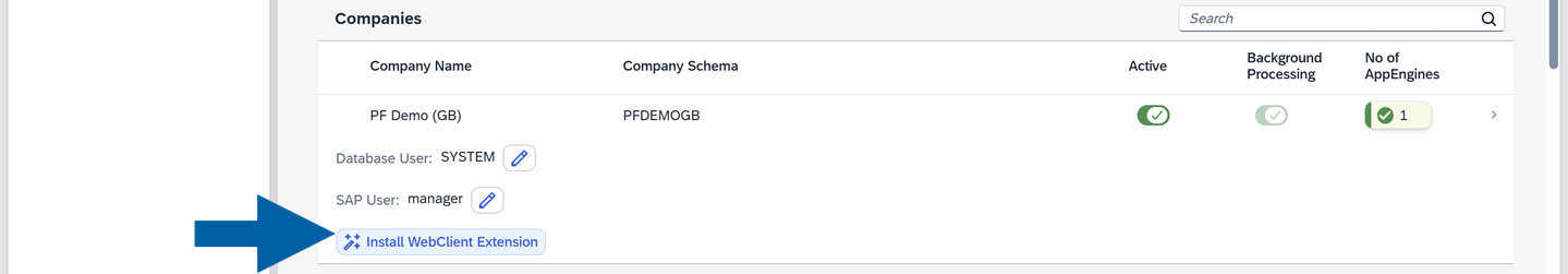 A help screen showing where to find an installation link for the CompuTec WebClient Extension