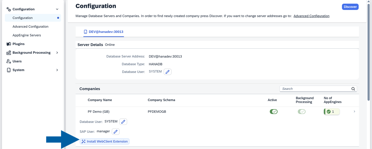 A help screen showing where to find an installation link for the CompuTec WebClient Extension