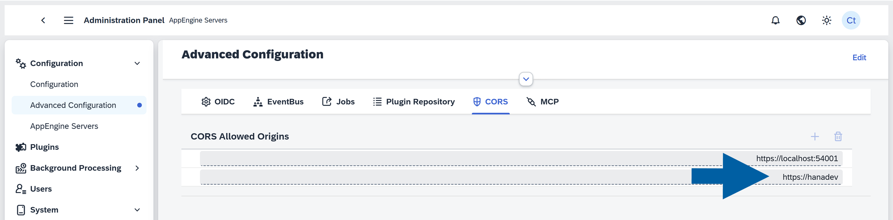 Advanced configuration help screen showing where to enter the web client CORS address
