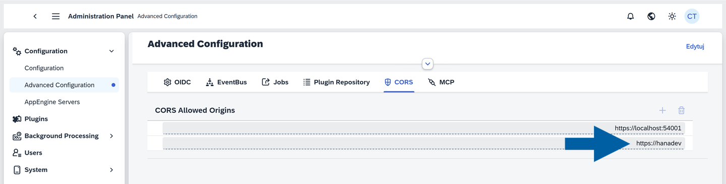 Advanced configuration help screen showing where to enter the web client CORS address