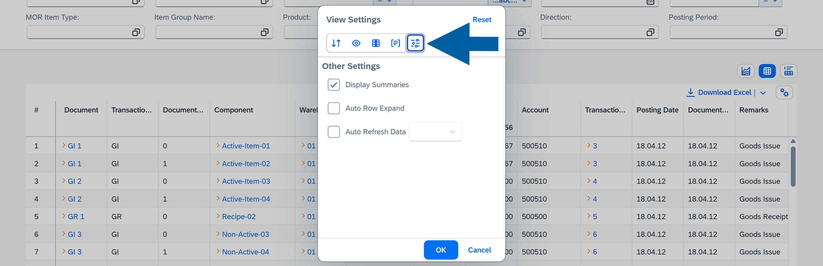screen showng the View Settings in table report