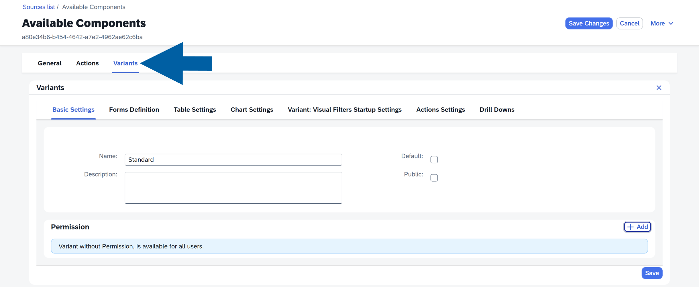 screen showing variants tab
