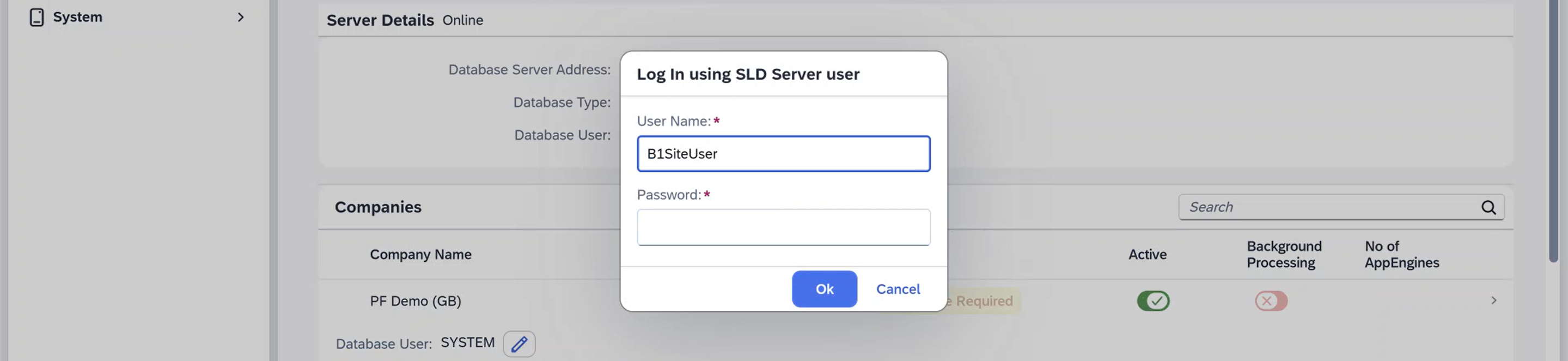 a screen showing login with sld server user credentials