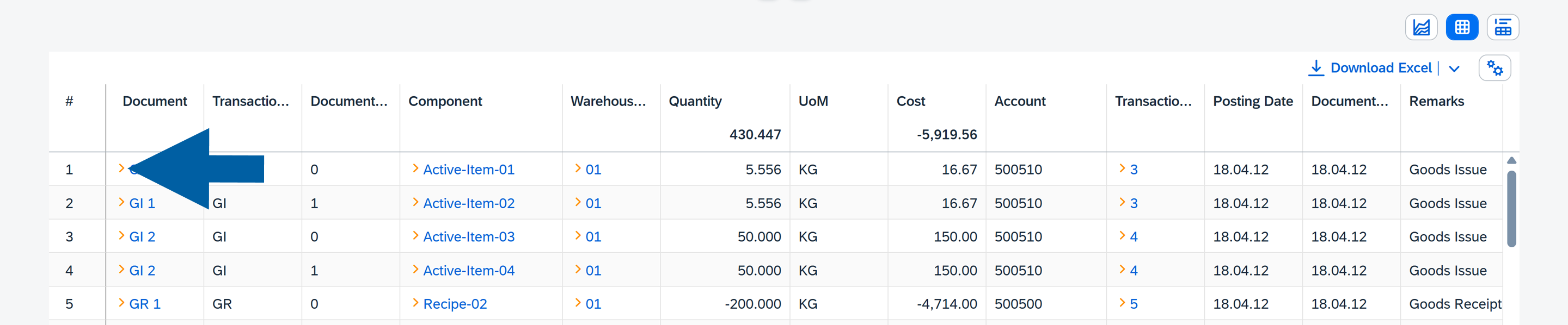 screen showng the table report direct links