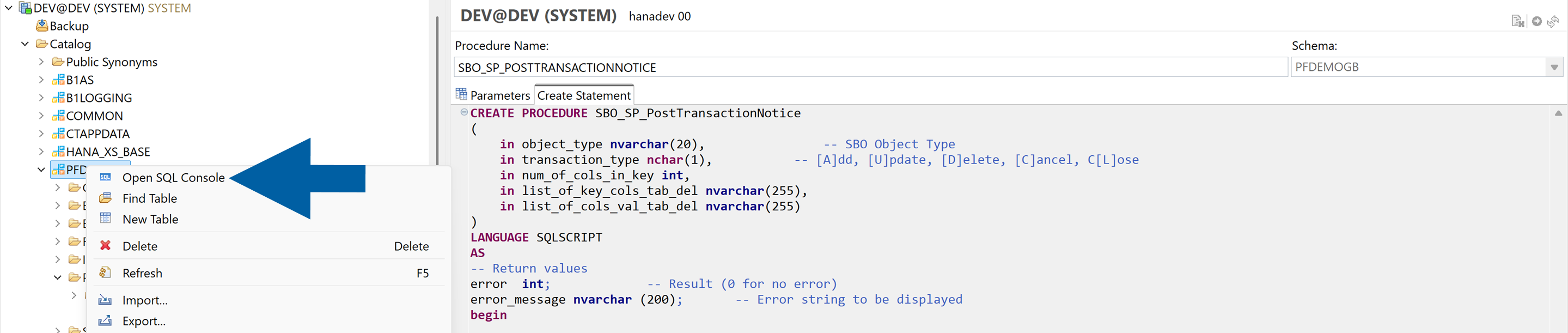 a screen showing opening sql console