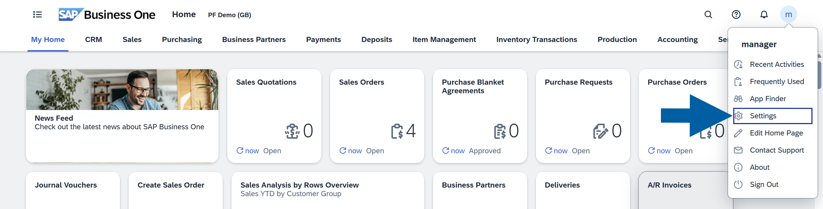 A help screen showing where to find settings in SAP Business One Web Client