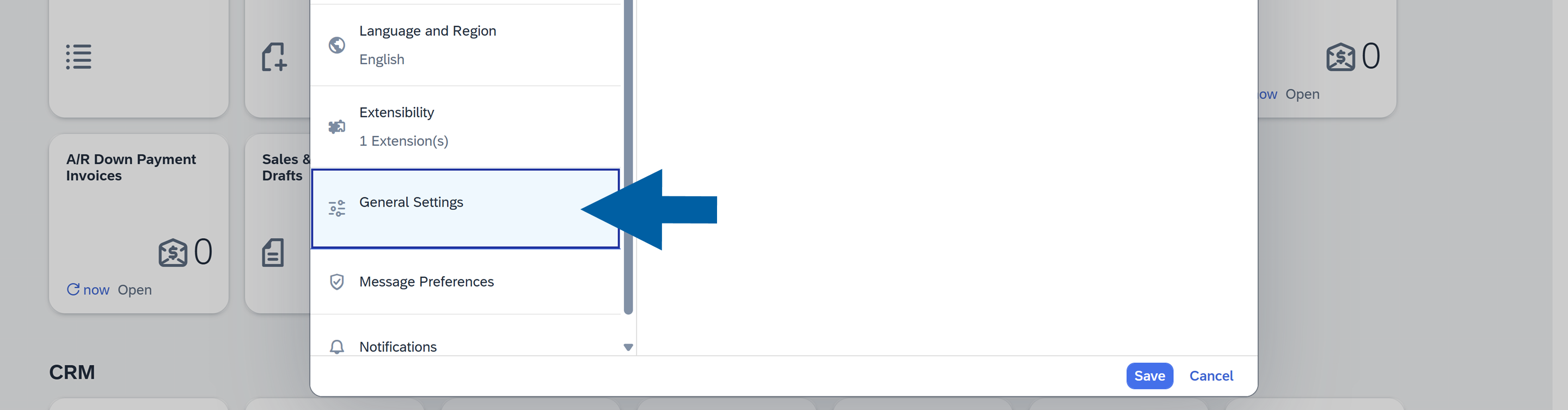A help screen showing where to find General Settings in SAP Business One Web Client