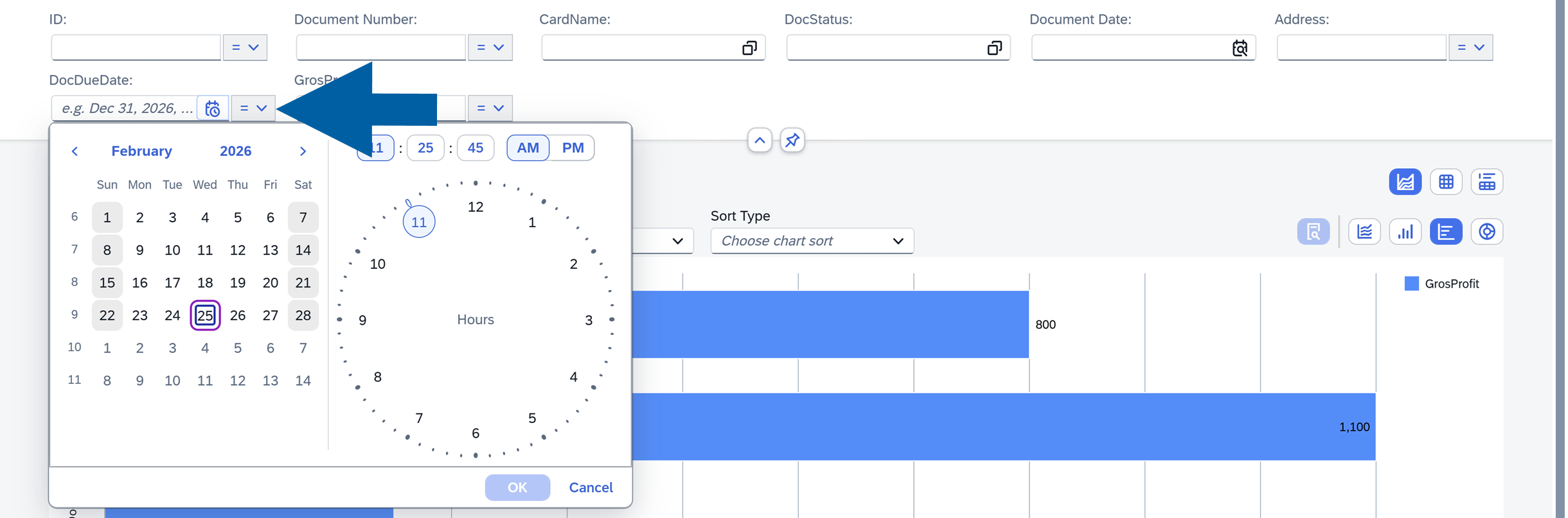 screen showng the Date and time Filter