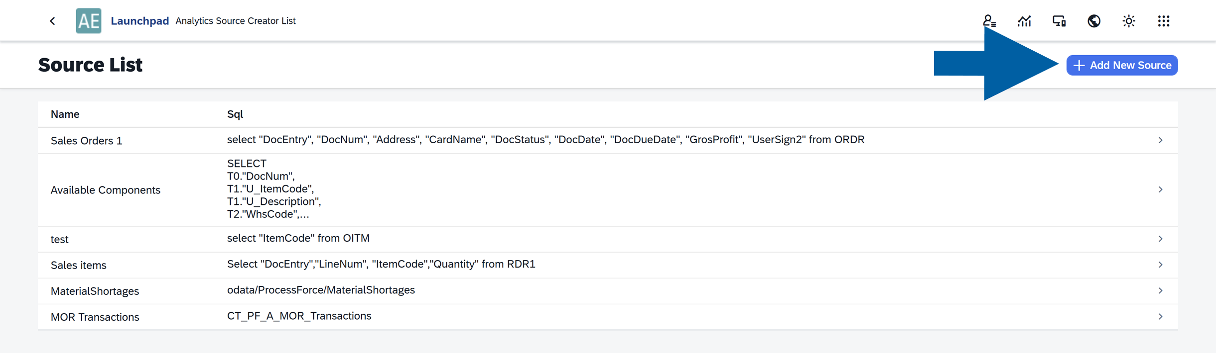 screen showing the view with all available data sources in CompuTec AppEngine Analytics Source Manager and where to click to add a new source