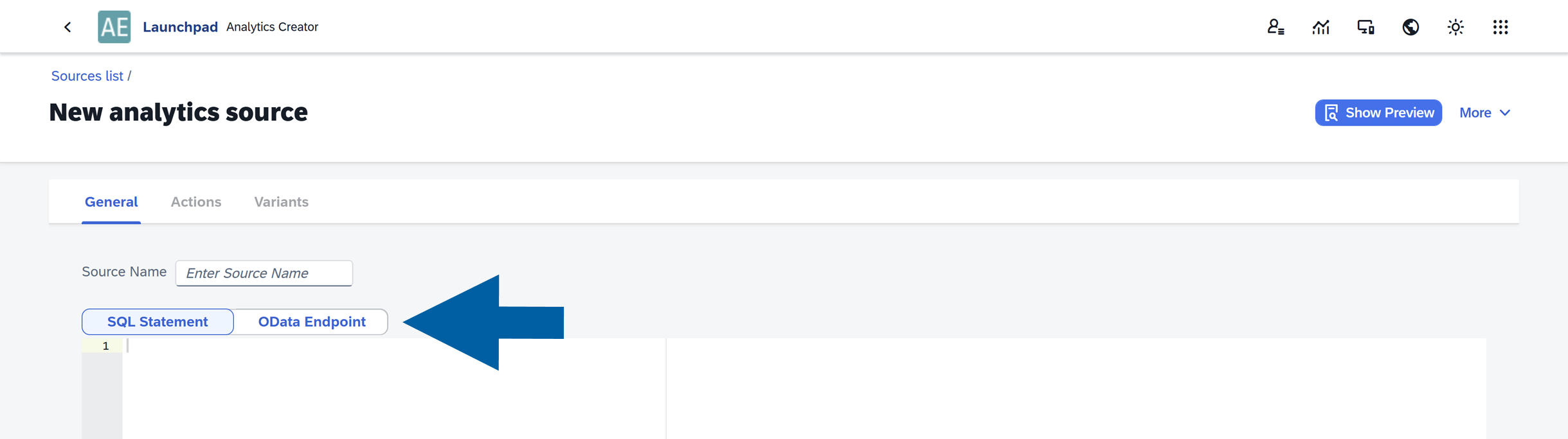 screen showing how to add a sql statement or odata endpointn