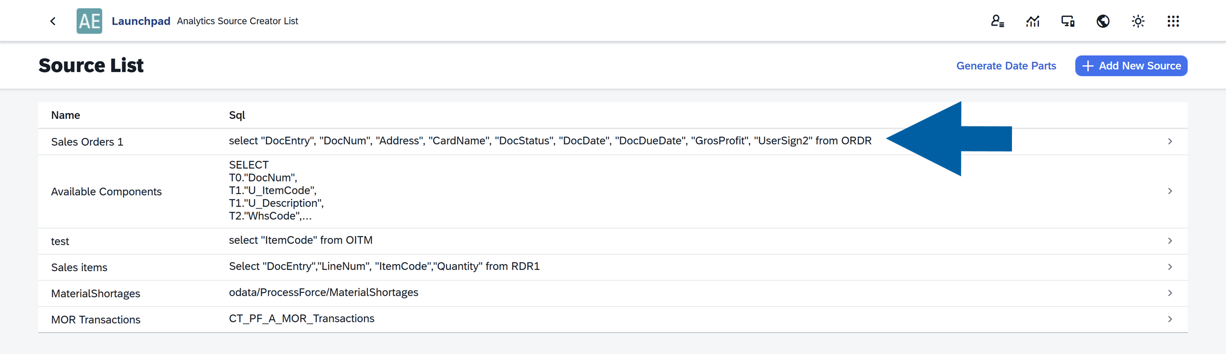 screen showing the list of all available data sources