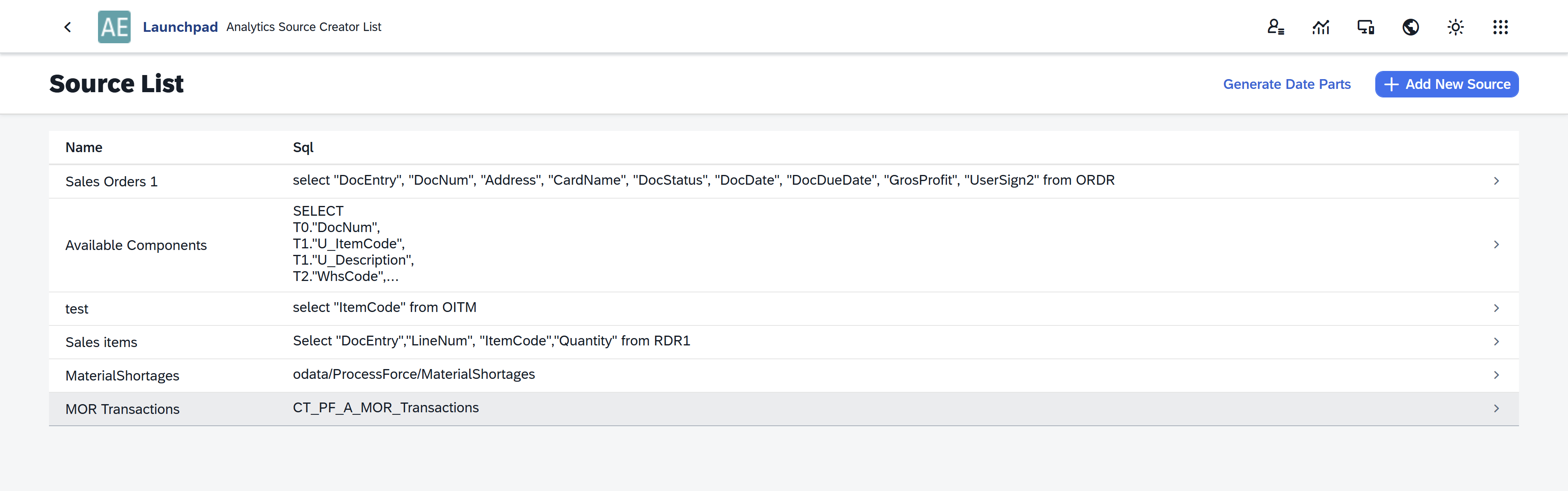 screen showing the view with all available data sources in CompuTec AppEngine Analytics Source Manager