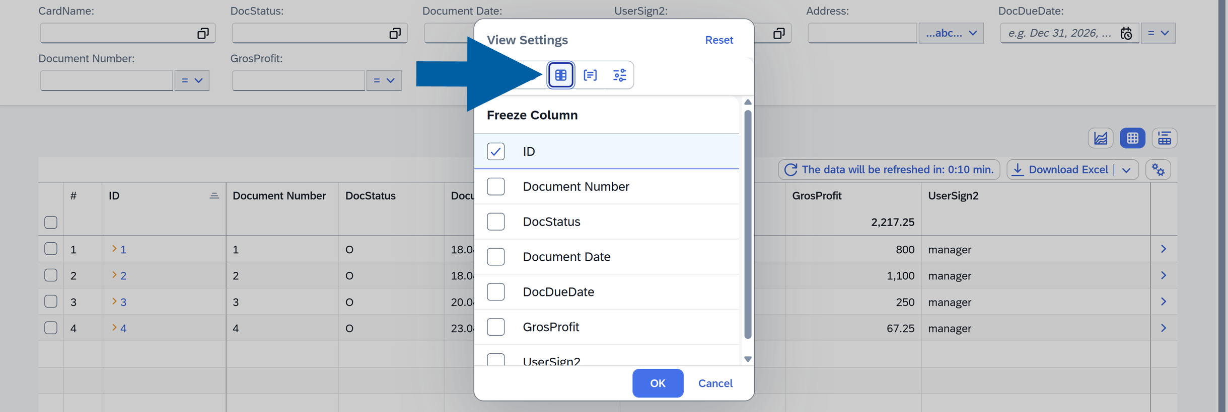 screen showng the column freeze Options