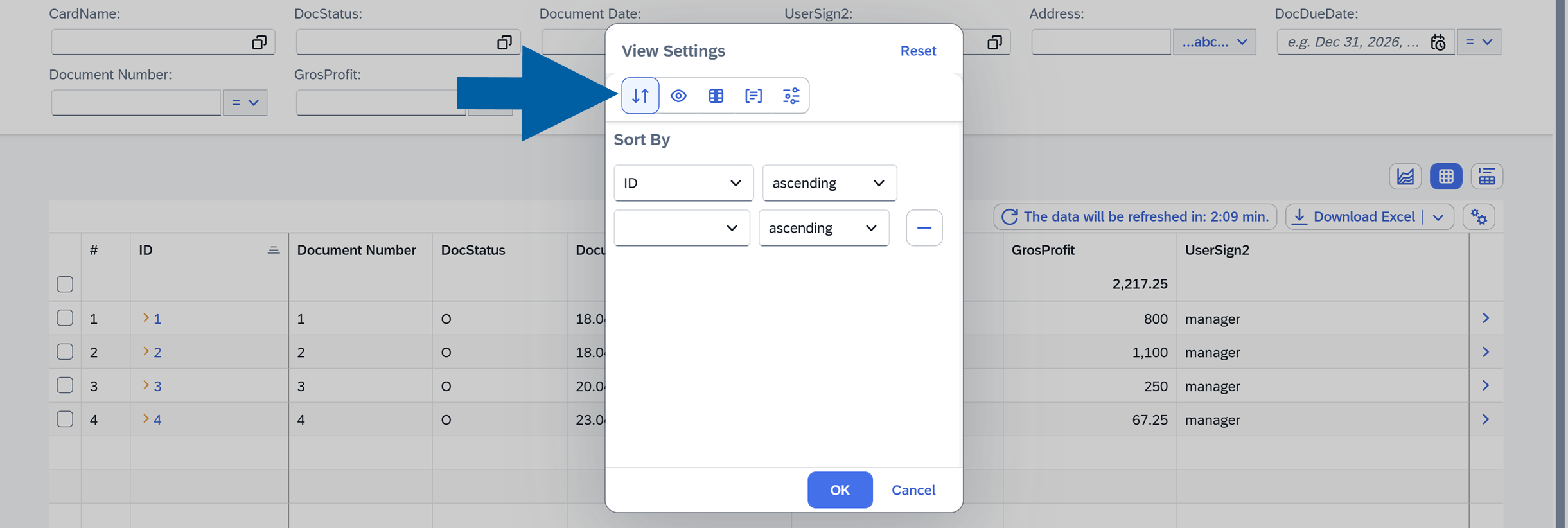 screen showng the Table sorting Options