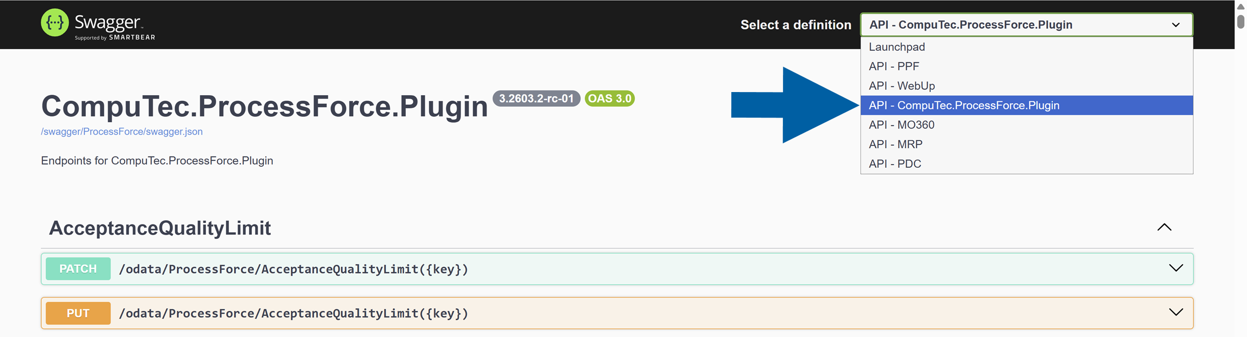 screen showing available definitions in computec rest/odata api decumentation in swagger